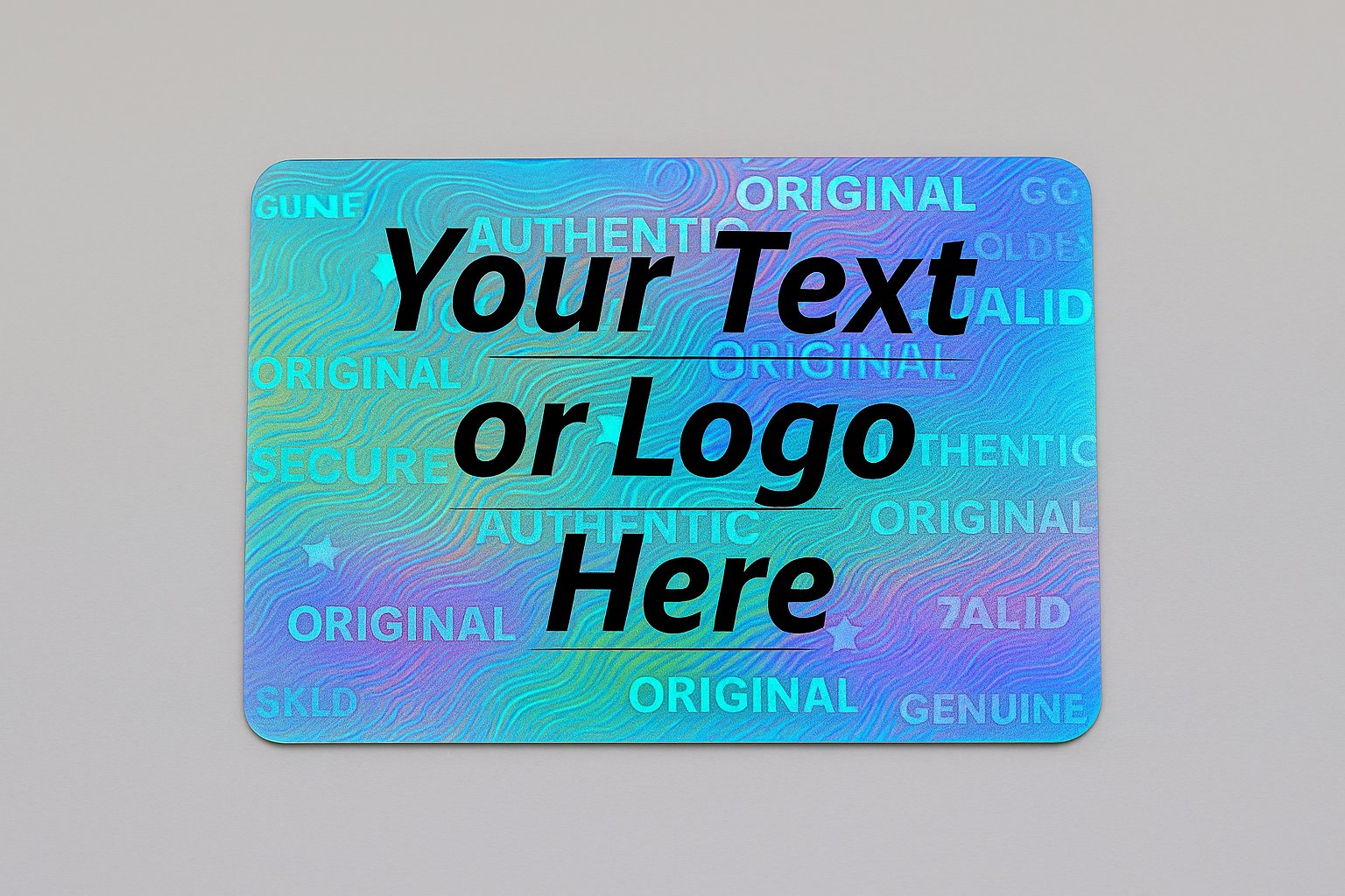 Customizable silver hologram sticker with personalized black logo – tamper-evident VOID label for authentication and packaging