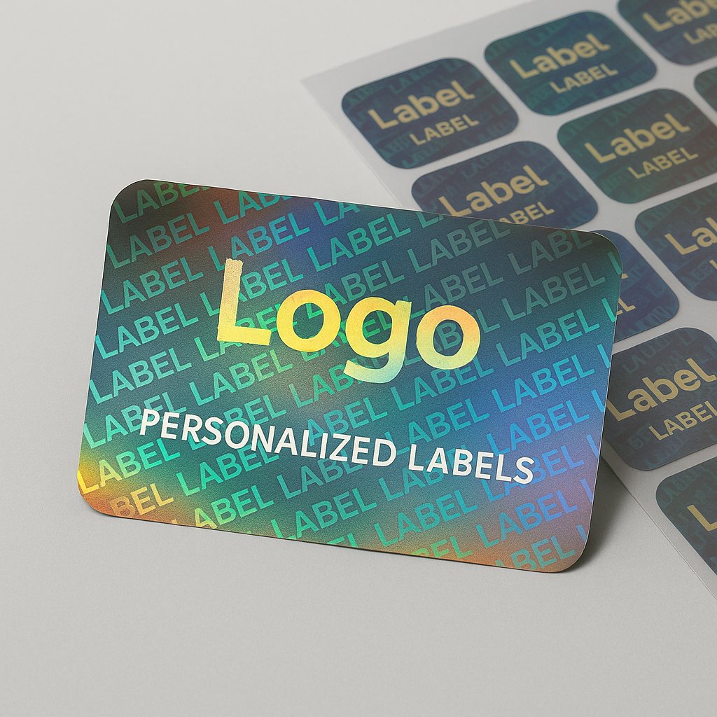 Custom personalized hologram stickers with tamper-evident VOID design on silver foil, ideal for warranty seals and product branding
