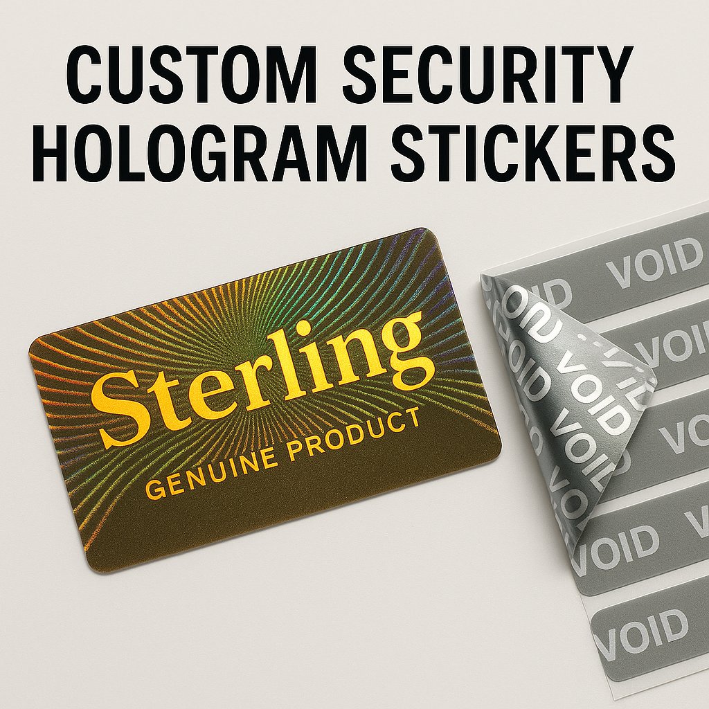 Tamper-proof hologram security stickers with VOID if removed feature and vibrant rainbow foil, made in the UK