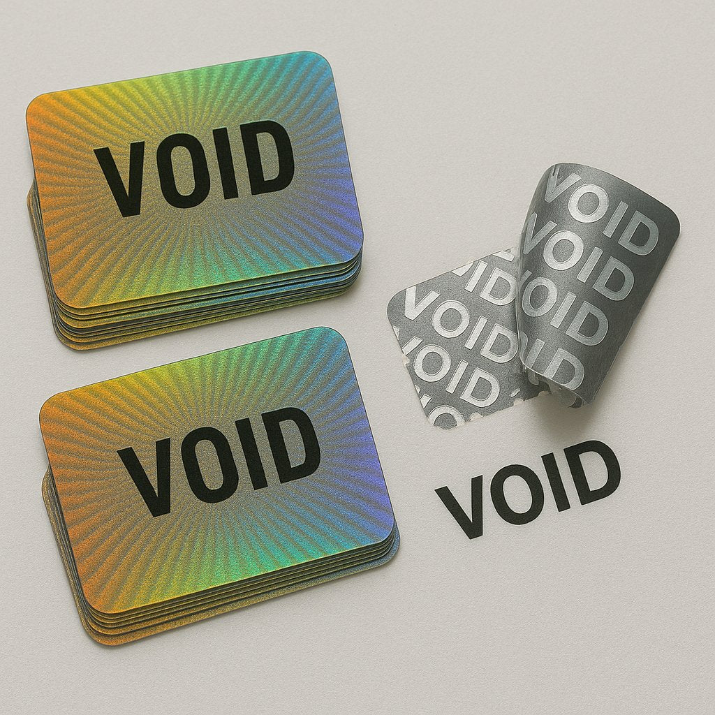 VOID if removed holographic labels with custom branding for secure packaging and warranty protection
