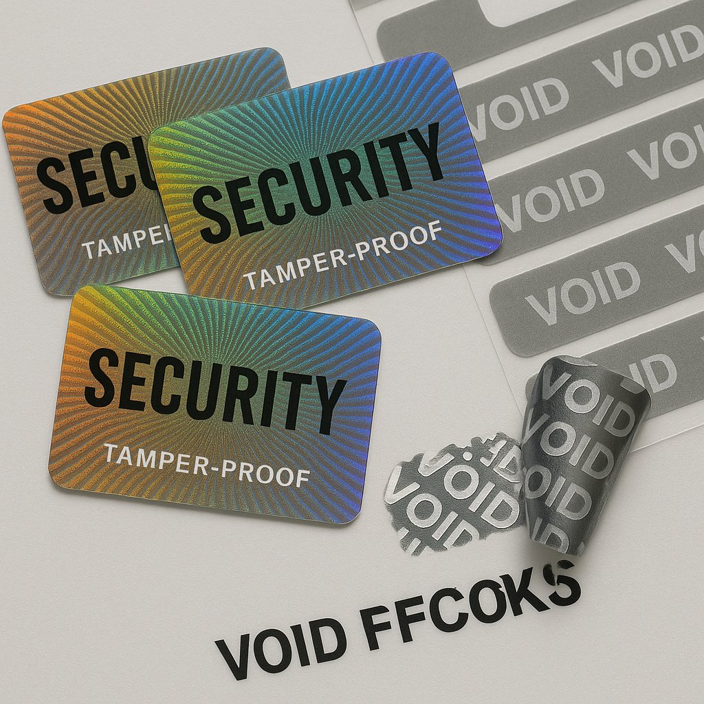 Holographic tamper-proof labels with VOID pattern revealed upon peeling, for anti-counterfeit and security use