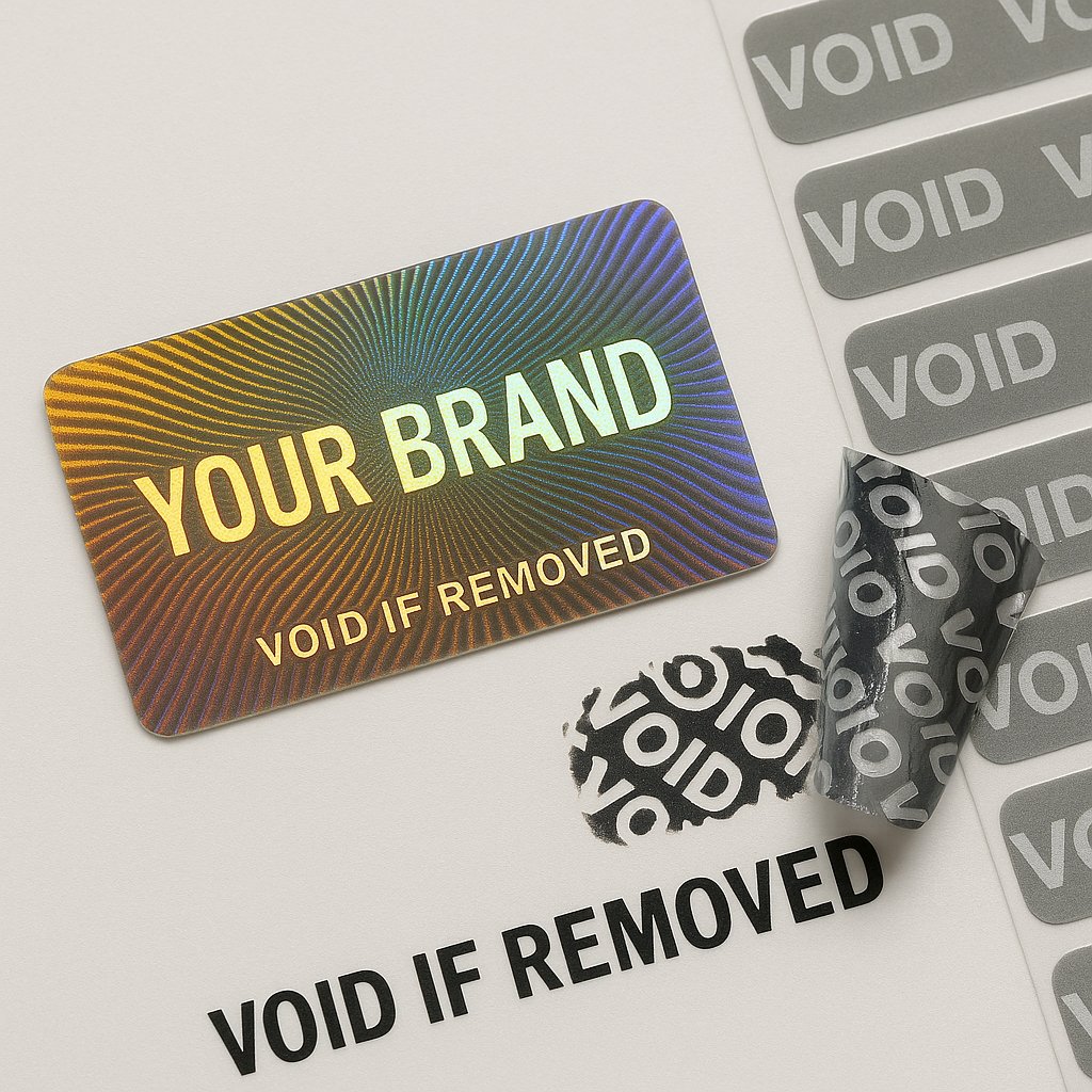 Stacks of custom VOID hologram stickers and a peeled tamper-evident seal showing silver VOID text residue.