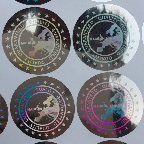 Label MADE IN EUROPE  Quality Guaranteed Hologram sticker  40 mm large cloth stickers holographic stickers